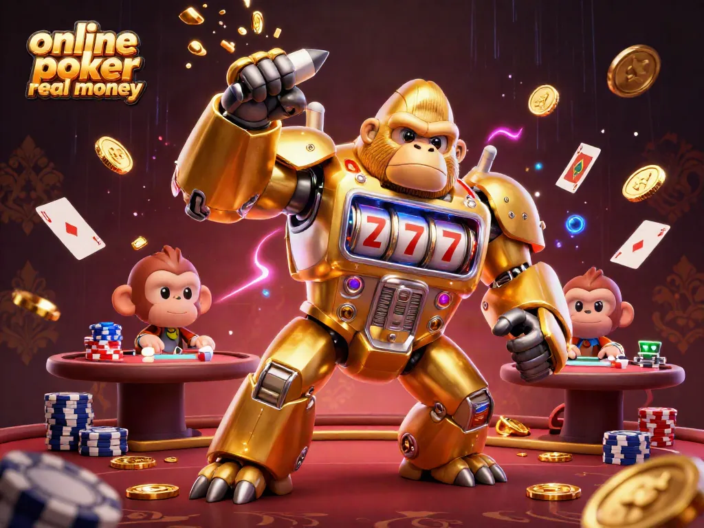 Engage in online poker real money excitement with a dynamic 3D illustration showcasing poker elements and action.