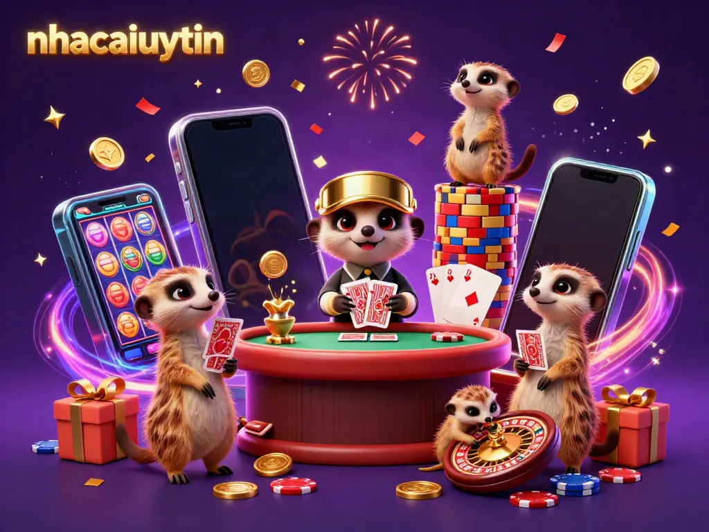 Exciting scene of meerkats managing a casino, showcasing vibrant elements and nhacaiuytin branding.