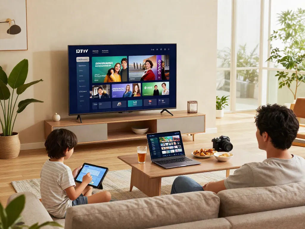 A family enjoying IPTV subscription in a cozy living room watching diverse content on a large TV.