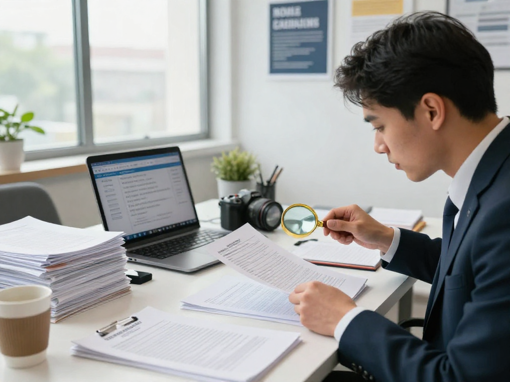Document fraud detection analysis in a modern office setting by a focused professional.