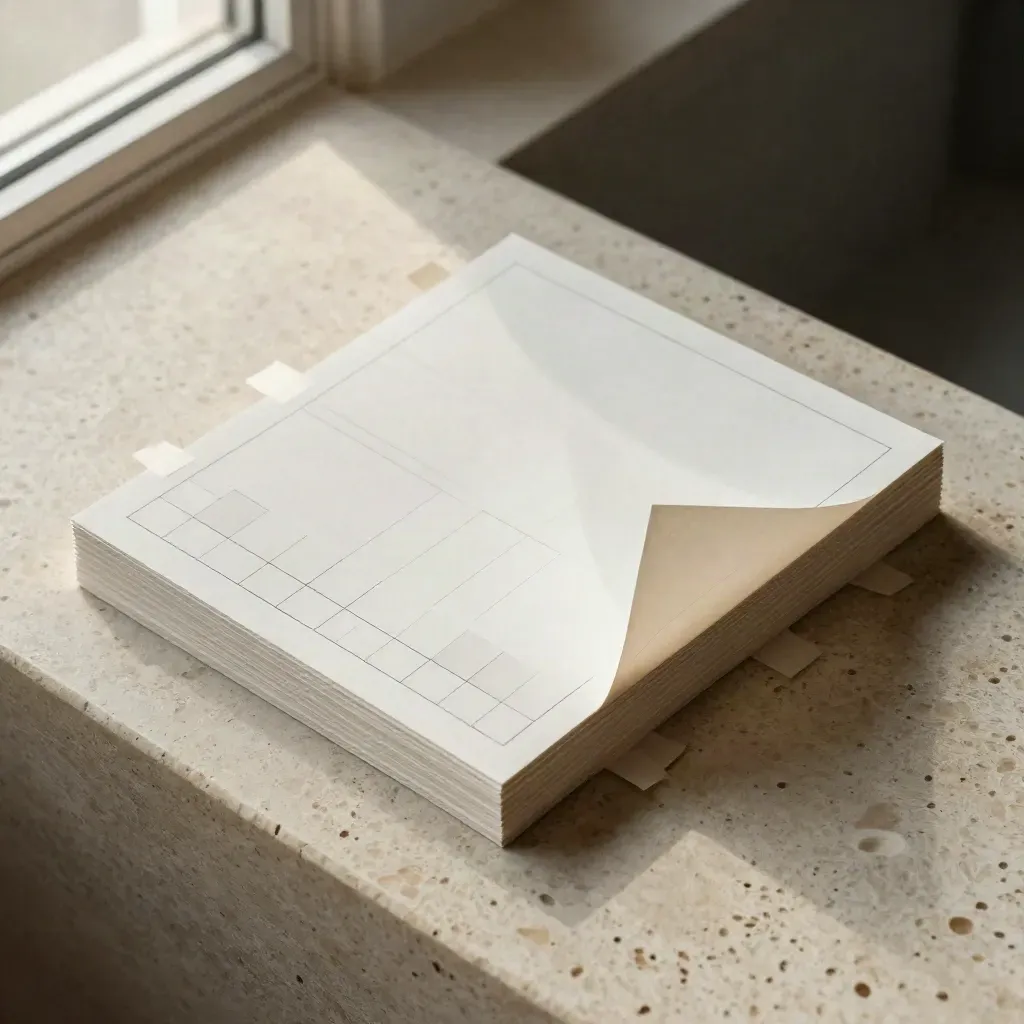 Card social stampate e tagli geometrici su travertino, in un momento di movimento.