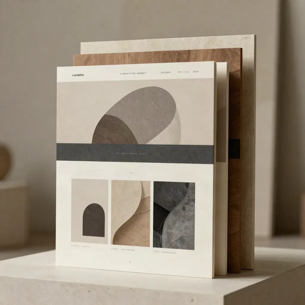 Mockup fisici di visual per siti su pannelli neutri con cornici di carta e campioni astratti.