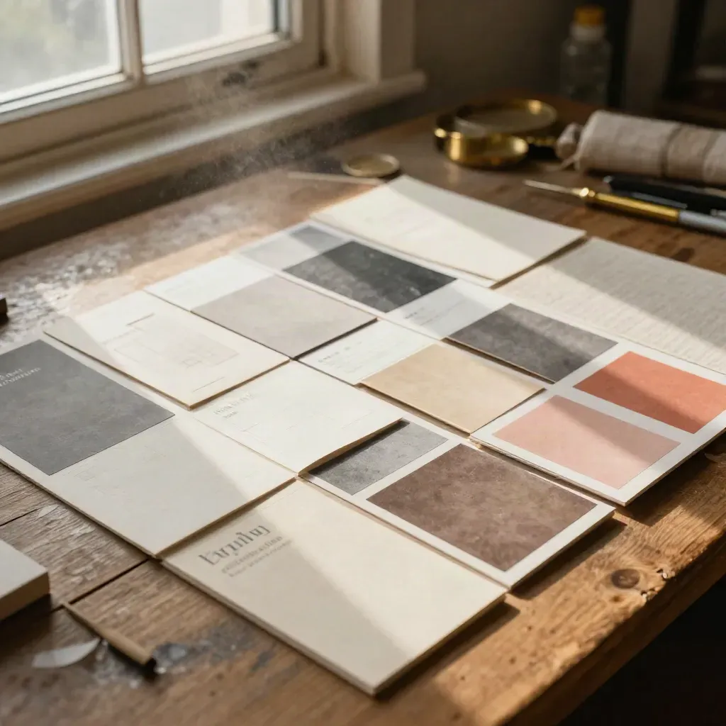 Tavole di identità visiva con palette, campioni tipografici e materiali coordinati su tavolo in legno.