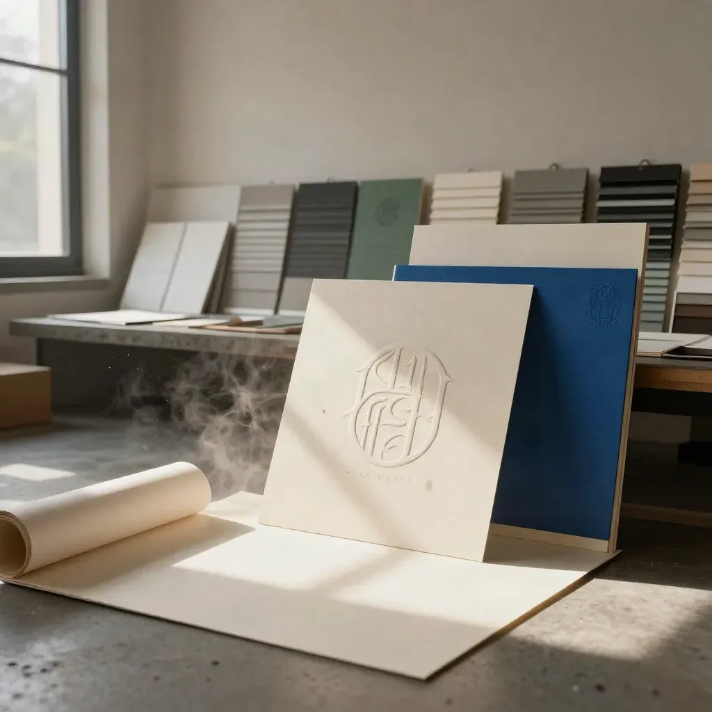 Studio di brand design con campioni in rilievo, rotoli poster e luce dopo il temporale.