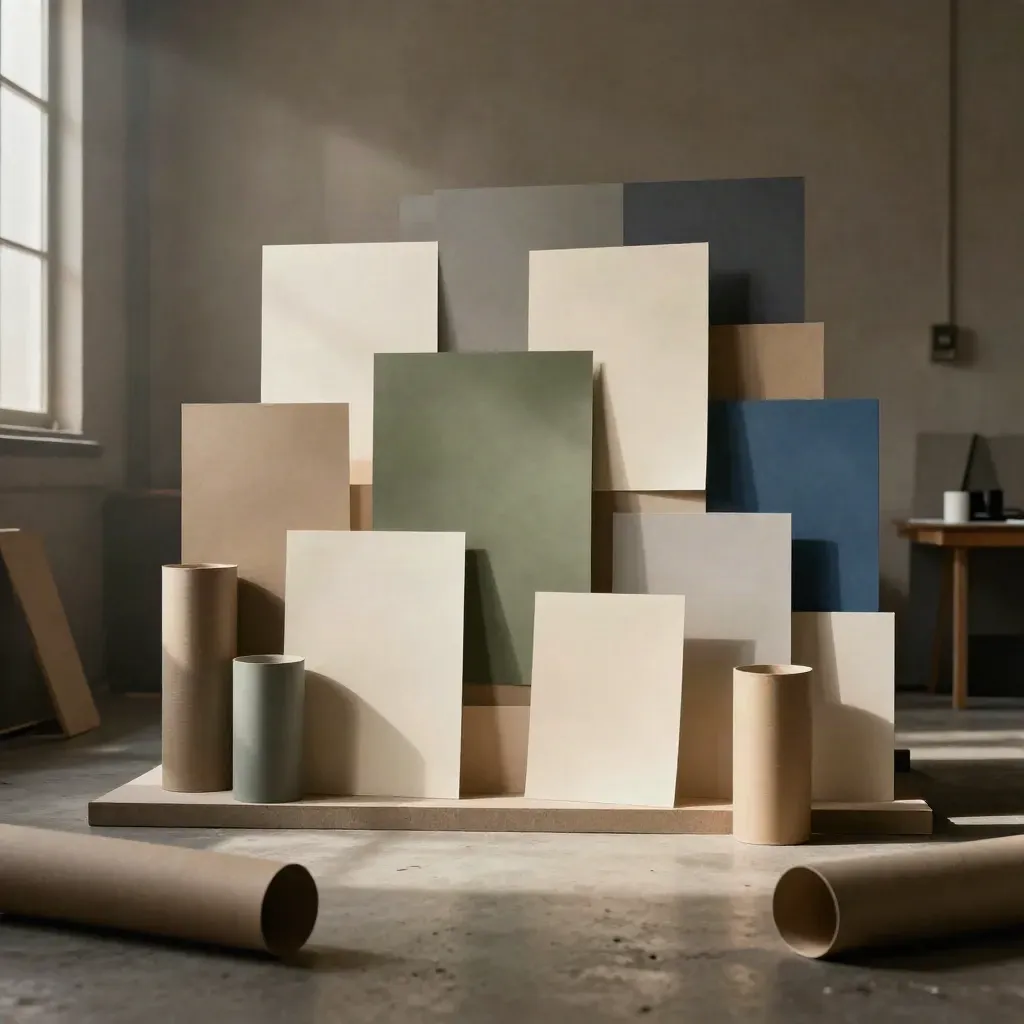 Set campagna creativo con sagome di carta, cartoncini e storyboard in uno studio buio.