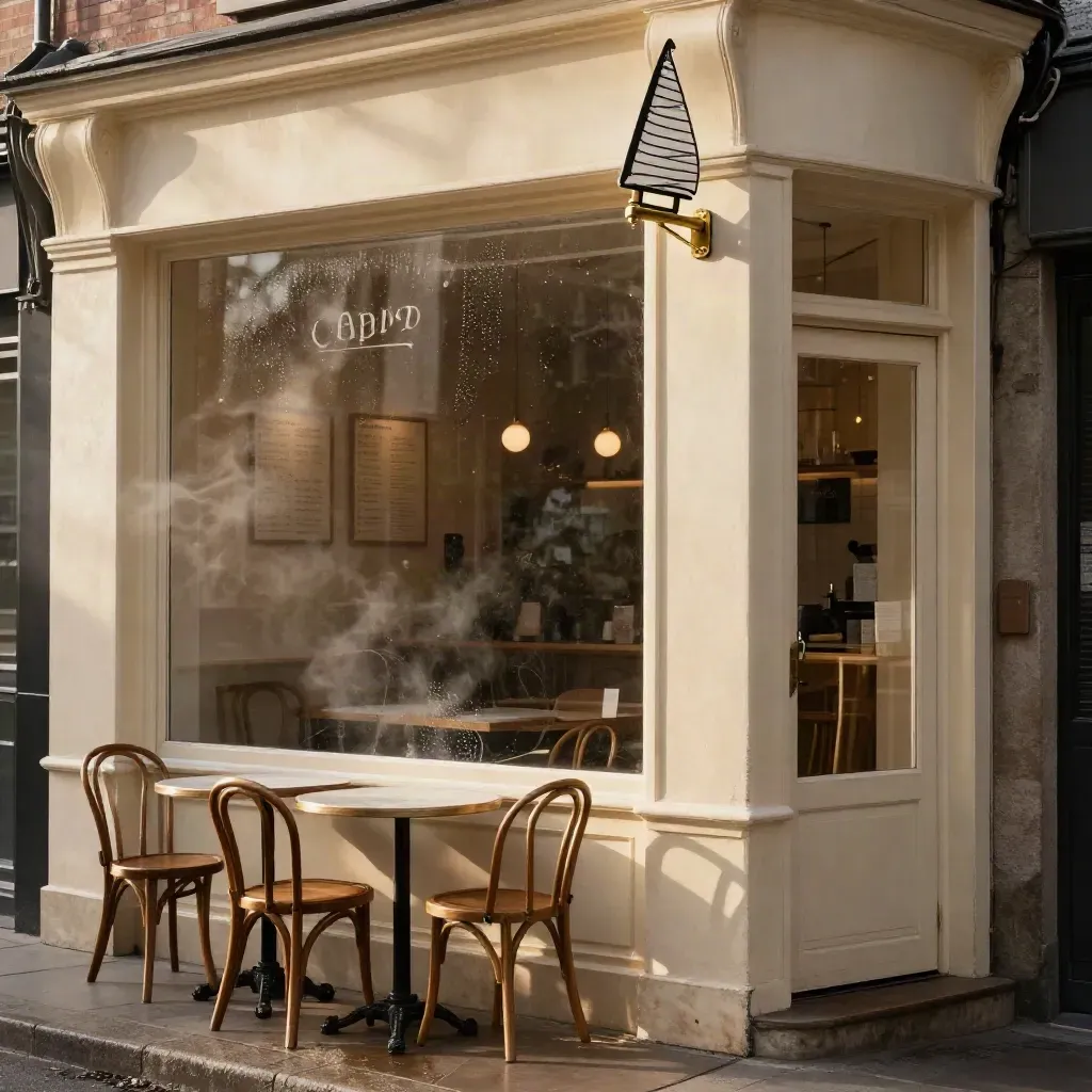 Facciata di caffetteria con insegna nuova, tavolini vuoti e vetrina lucida in luce morbida.