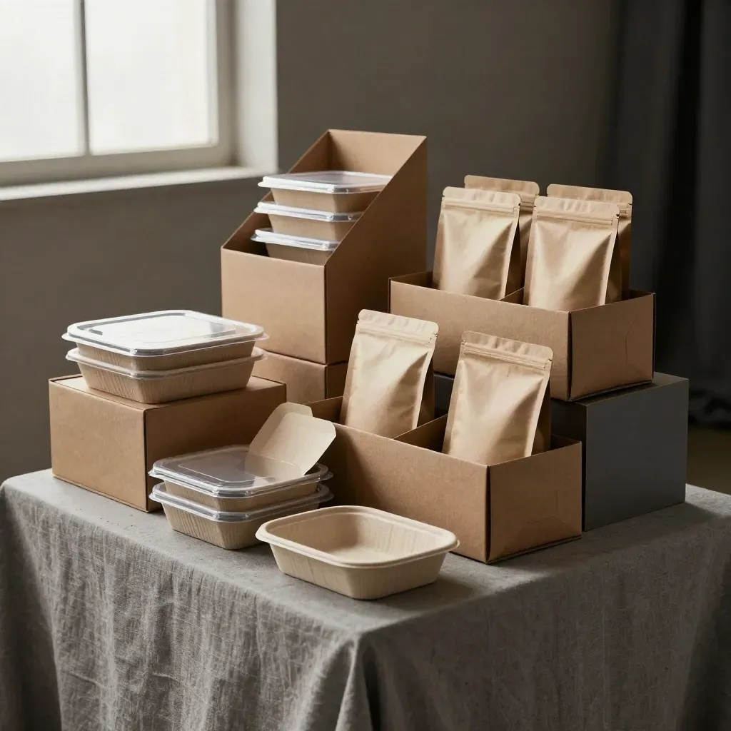 Kit packaging food coordinato in fiera, vaschette sigillate e casse espositive in palette neutra.