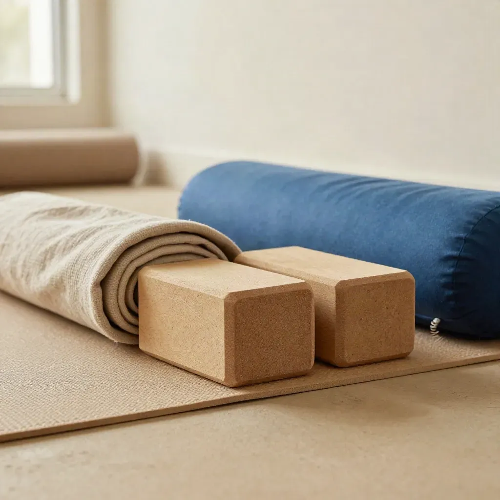 Studio yoga vuoto con tappeti arrotolati, blocchi in legno, teli neutri e parete luminosa.