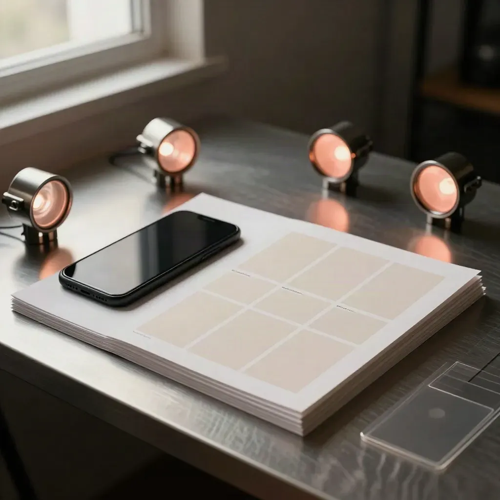 Kit contenuti per creator con smartphone spento, card template e luci da produzione in studio