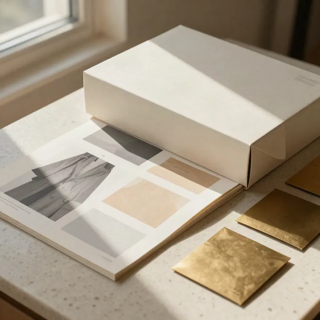 Scatole campione moda, proof board e packaging piegato su lastra di travertino chiaro.