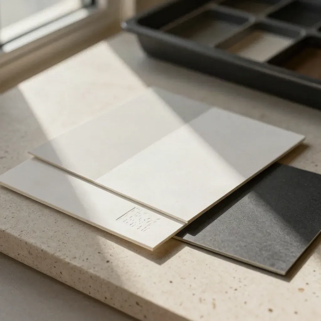 Campioni materici per brand design su travertino, con polvere fine e acetato.