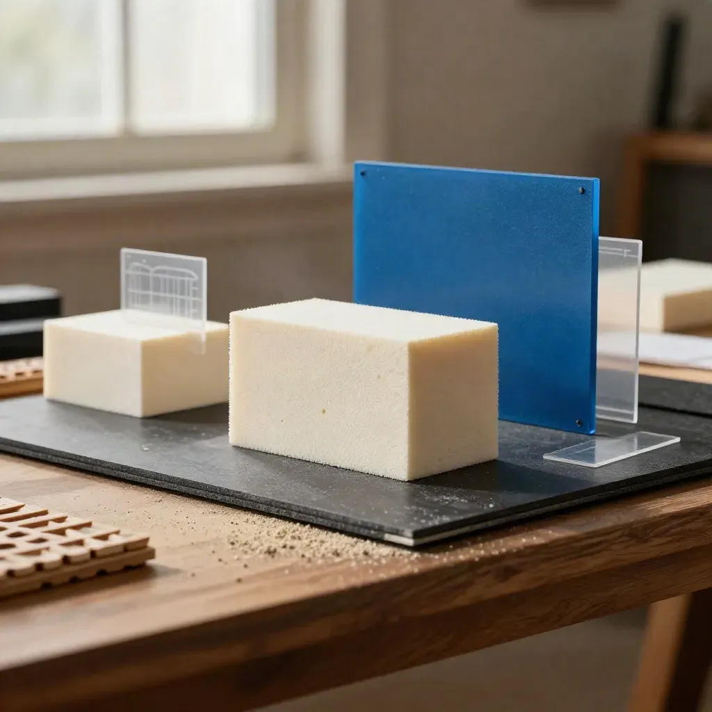 Set creativo con miniature scenografiche, blocchi di schiuma e campioni colore su base scura.
