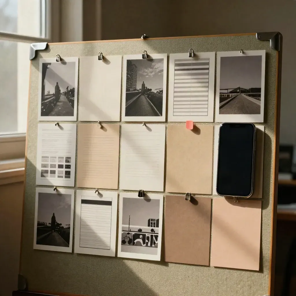 Griglia di card per social, smartphone spento e moodboard materico su board tessile