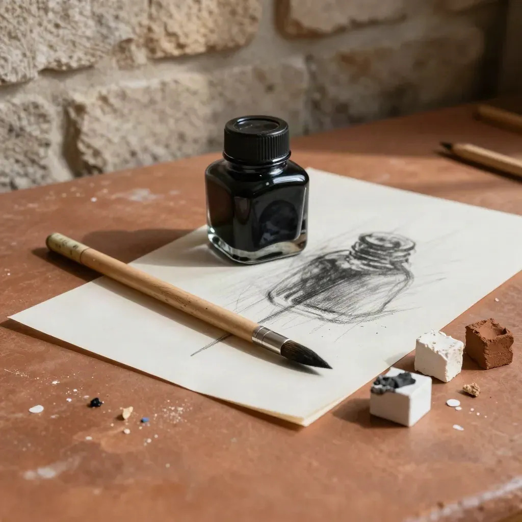 Kit da illustratore con pennelli, inchiostro nero, matite, carte da schizzi e pigmenti su superficie terracotta.