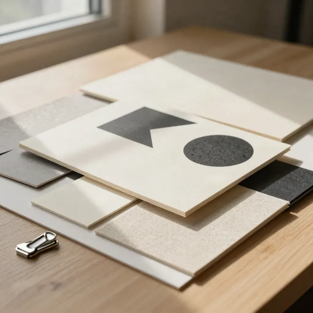Moodboard fisico con campioni, ritagli e clip su legno chiaro, luce morbida laterale.