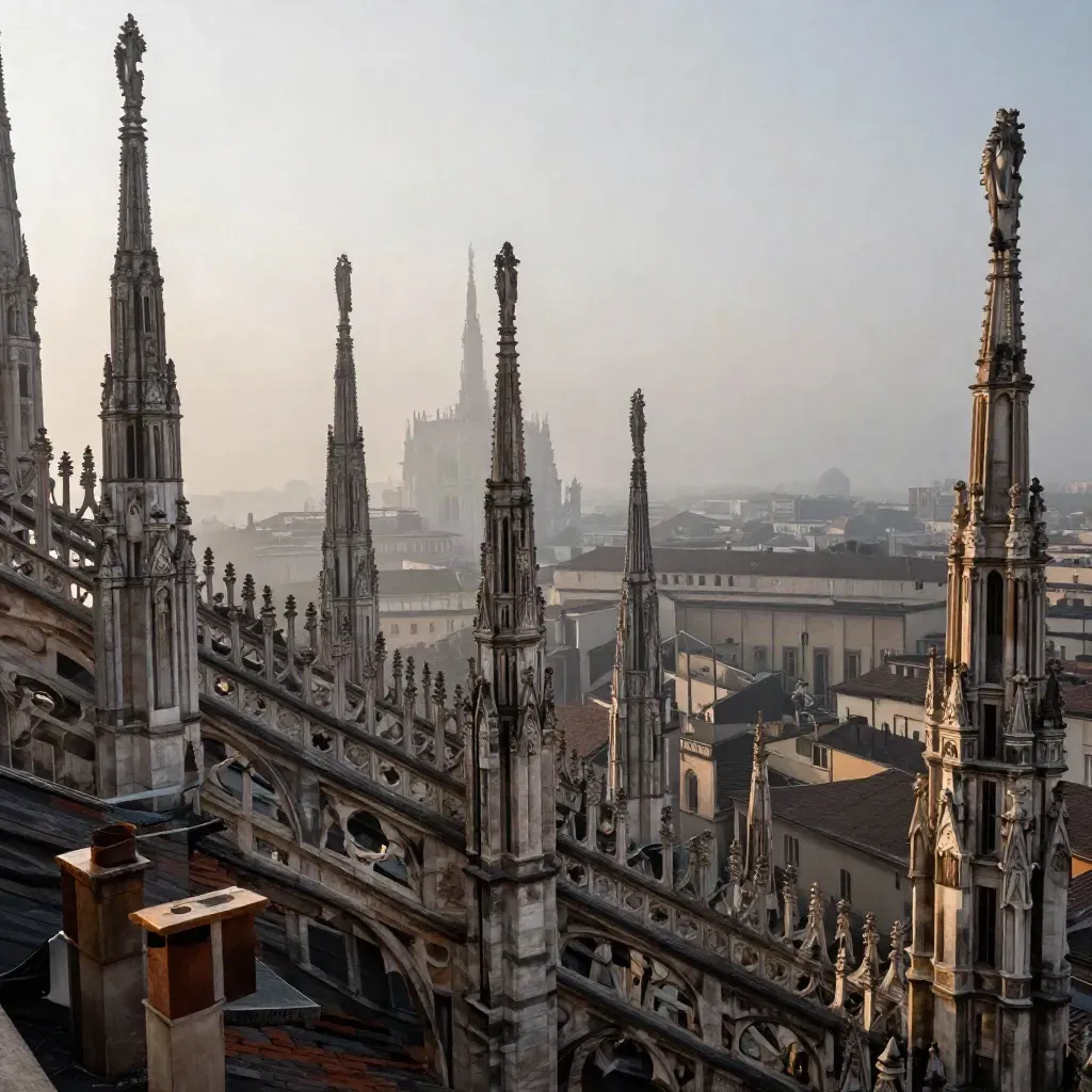 Il Duomo di Milano tra la foschia dell’alba, tetti bassi e skyline alto