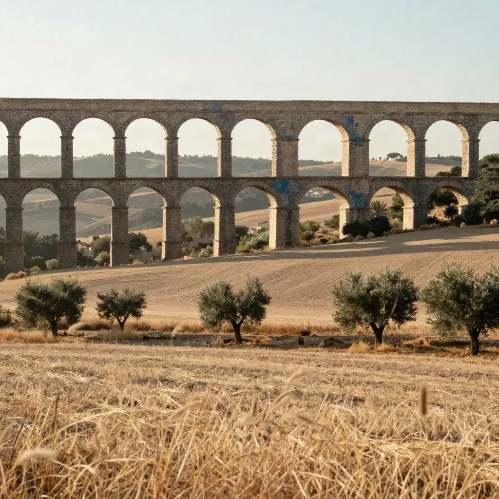 Acquedotto romano sui campi laziali in luce dorata, con cielo velato e ampio spazio per il testo.