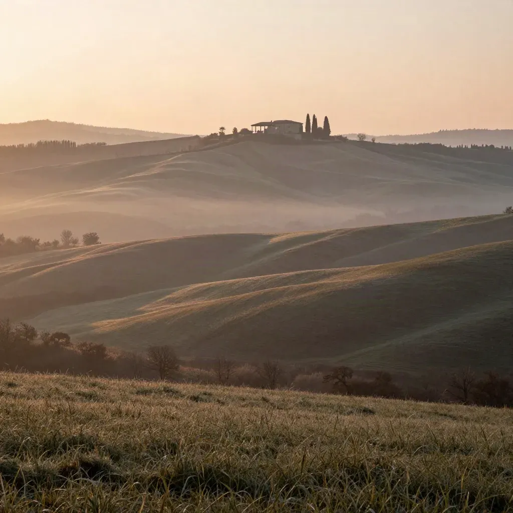 Colline emiliane nella nebbia del mattino con un portico lontano e pianura calma.