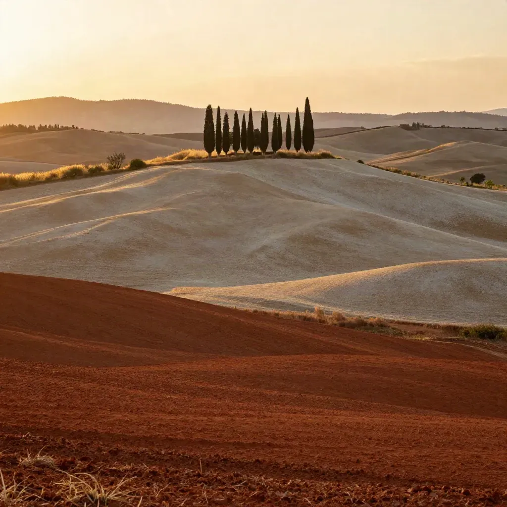 Colline toscane al tramonto con cipressi e campi morbidi in luce calda