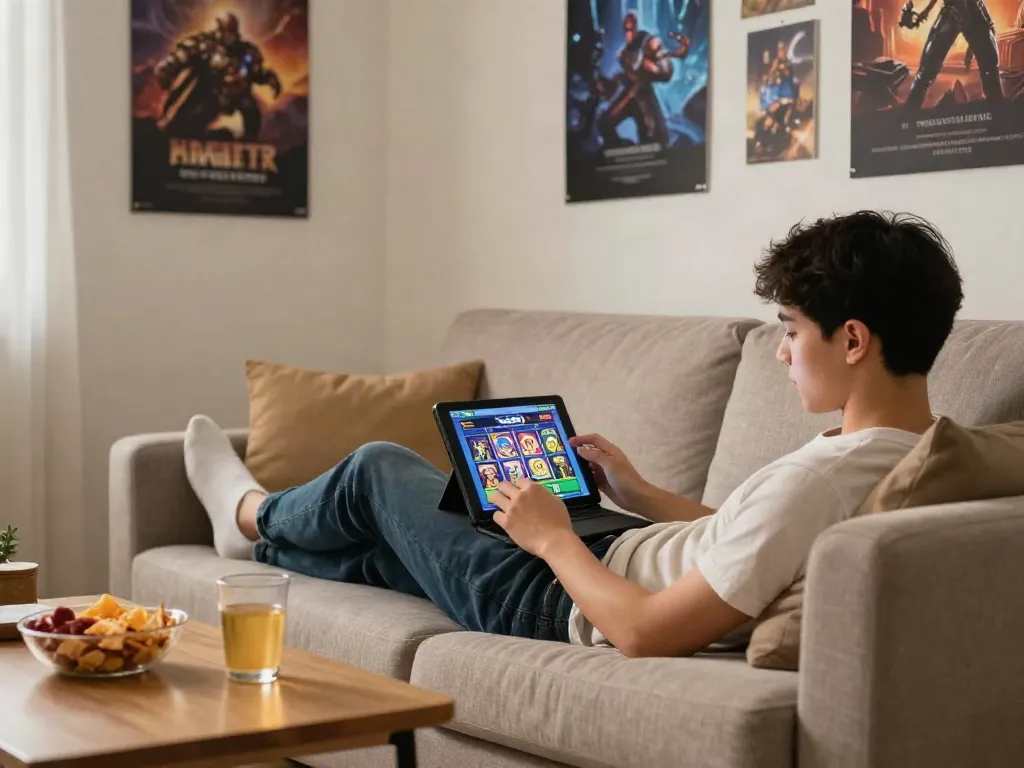 Player enjoying rokok88 slot on a tablet in a cozy living room.