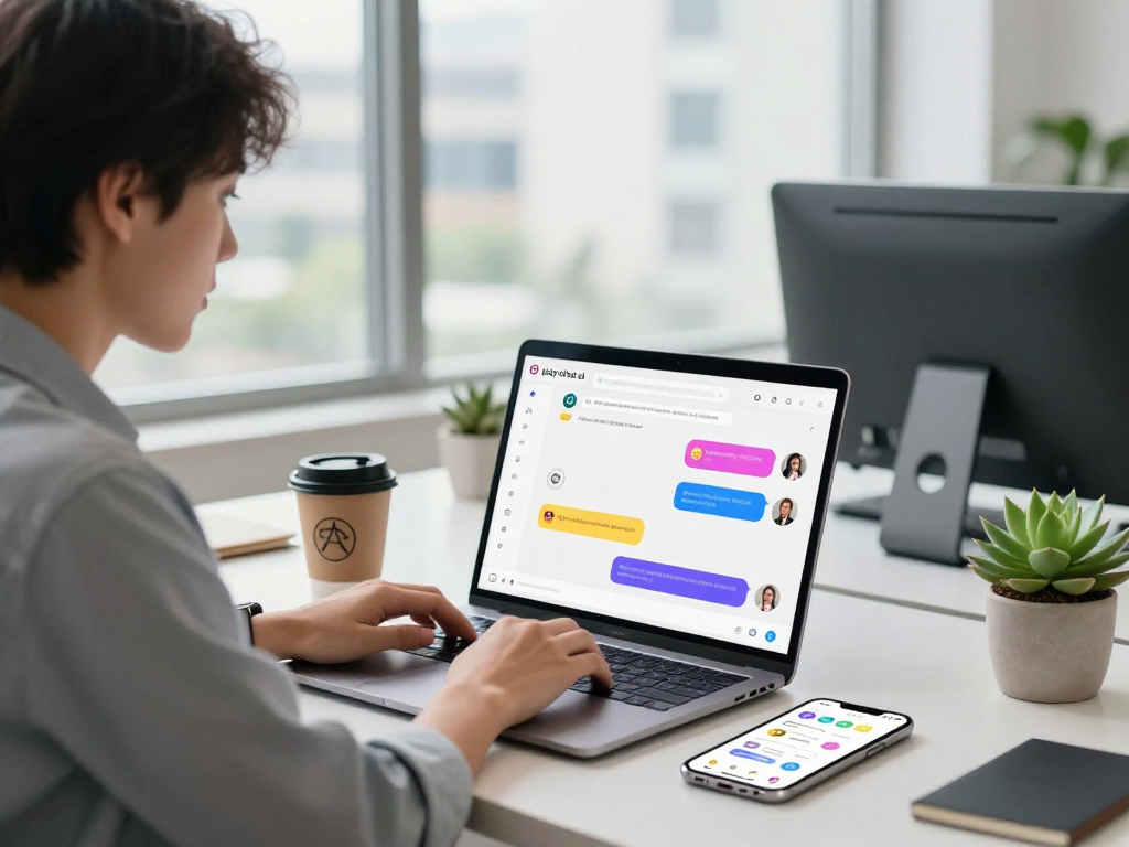Engaging professional using juicy chat ai in a modern workspace with vibrant chat bubbles and analytics on screen.