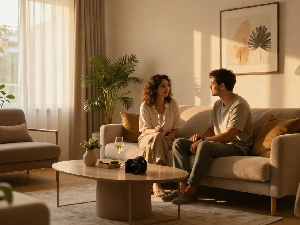 Cozy living area of דירות דיסקרטיות בקריות featuring a couple in warm lighting, emphasizing privacy and relaxation.